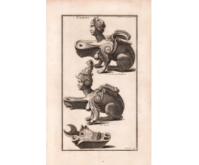 1722 год. Гравюра Лампы в форме Сфинкса, бестиарий, мифология