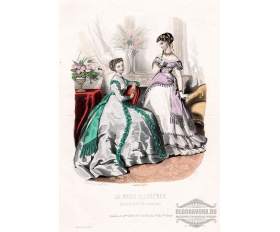 Гравюра 1867 года. Девушки в вечерних платьях