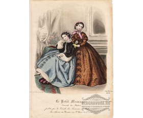 1860 год. Старинная гравюра, акварель, Французская мода