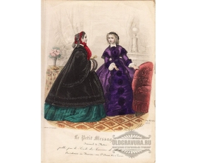 1860 год. Старинная гравюра, акварель, Дамы в гостиной