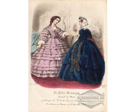 1860 год. Старинная гравюра, акварель, Мода