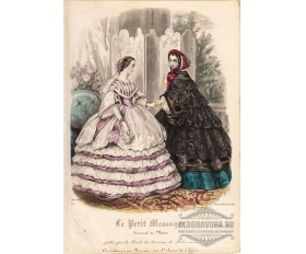 1860 год. Старинная гравюра, акварель, Дамы у ширмы