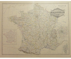 1860-е гг. Старинная карта Франция и Париж