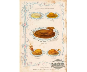 1864 год. Гравюра Блюда - кролик, куропатка, фазан, утка
