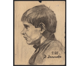 1921 год. Д.Ахманов, графика, уголь, Портрет юноши