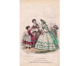1862 год. Гравюра, акварель, Две дамы гуляют с ребенком