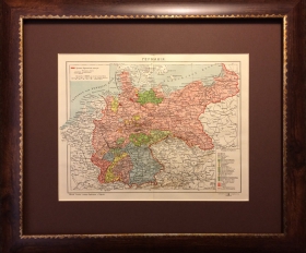 1907 год. Германия, старинная карта Ильина, в раме