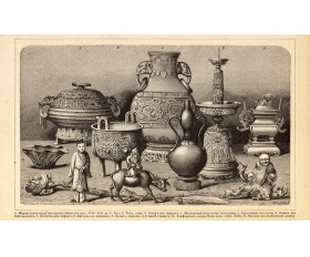 1895 год. Китайская древняя посуда, старинная ксилография
