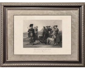 1843 год. Гравюра Охота, Загнанный олень, в раме