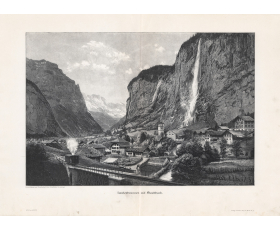 1903 год. Горный пейзаж, Швейцария, большая гравюра